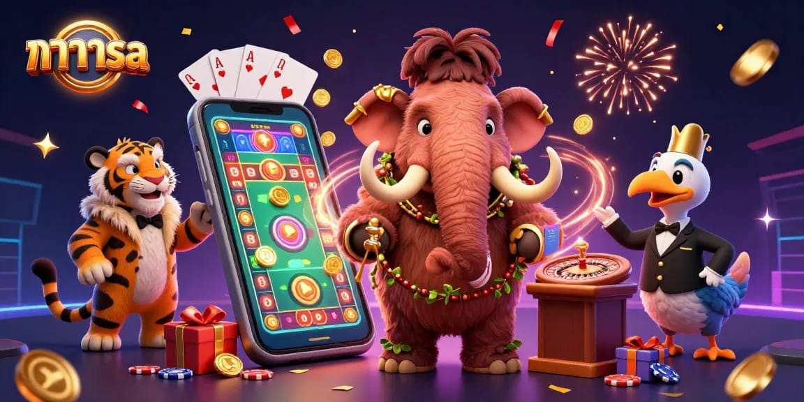 Engage with baccarat strategies at บาคาร่าsa, featuring a whimsical 3D scene of casino characters and gaming elements.