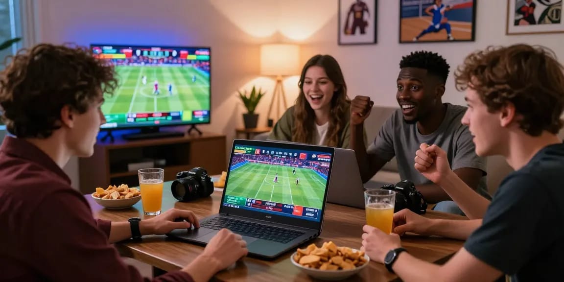 Teman-teman bersenang-senang berjudi online di sbobet88 sambil menonton pertandingan olahraga di laptop.