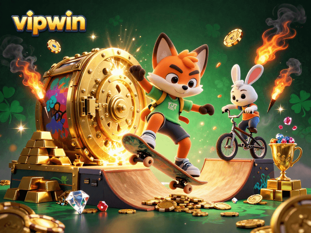 Win big at vipwin with vibrant casino-themed artwork featuring a fox and rabbit in a 3D gambling scene.