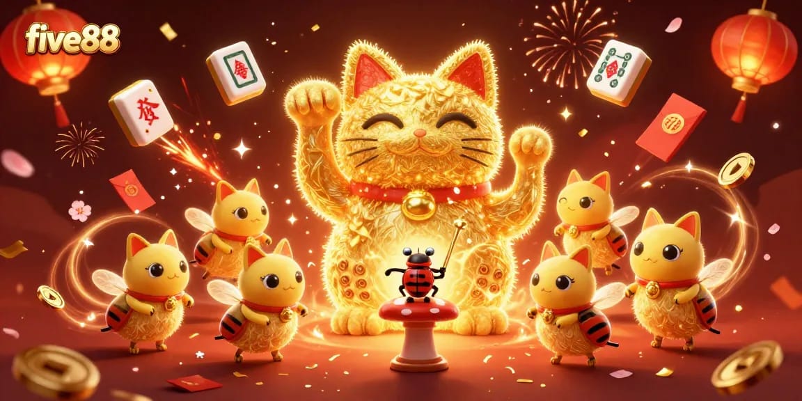 Experience excitement with five88 as golden fireflies create a giant lucky cat in a vibrant casino scene.