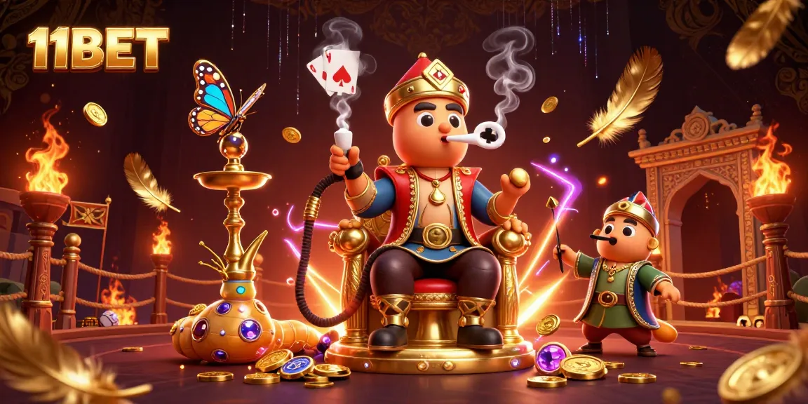 Engage with 11BET's vibrant cartoon illustration showcasing a whimsical gaming atmosphere with golden tokens and poker symbols.