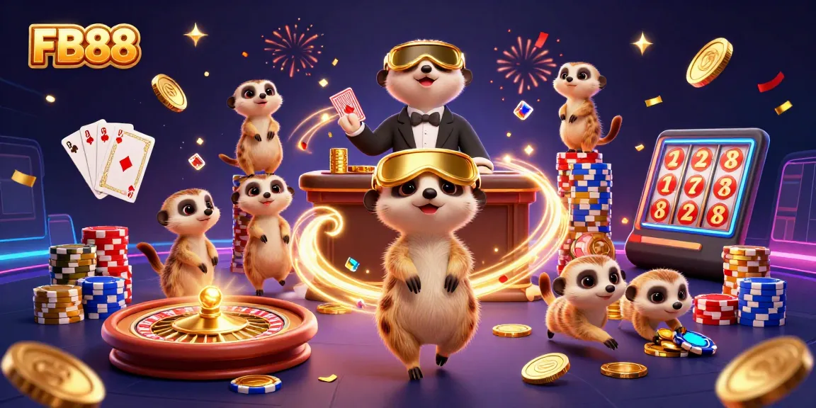 Experience vibrant casino action with FB88 as animated meerkats handle bets and chips.