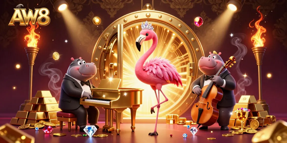Experience the vibrant AW8 Casino scene with a flamingo singer and hippo bassist amidst gold treasures.