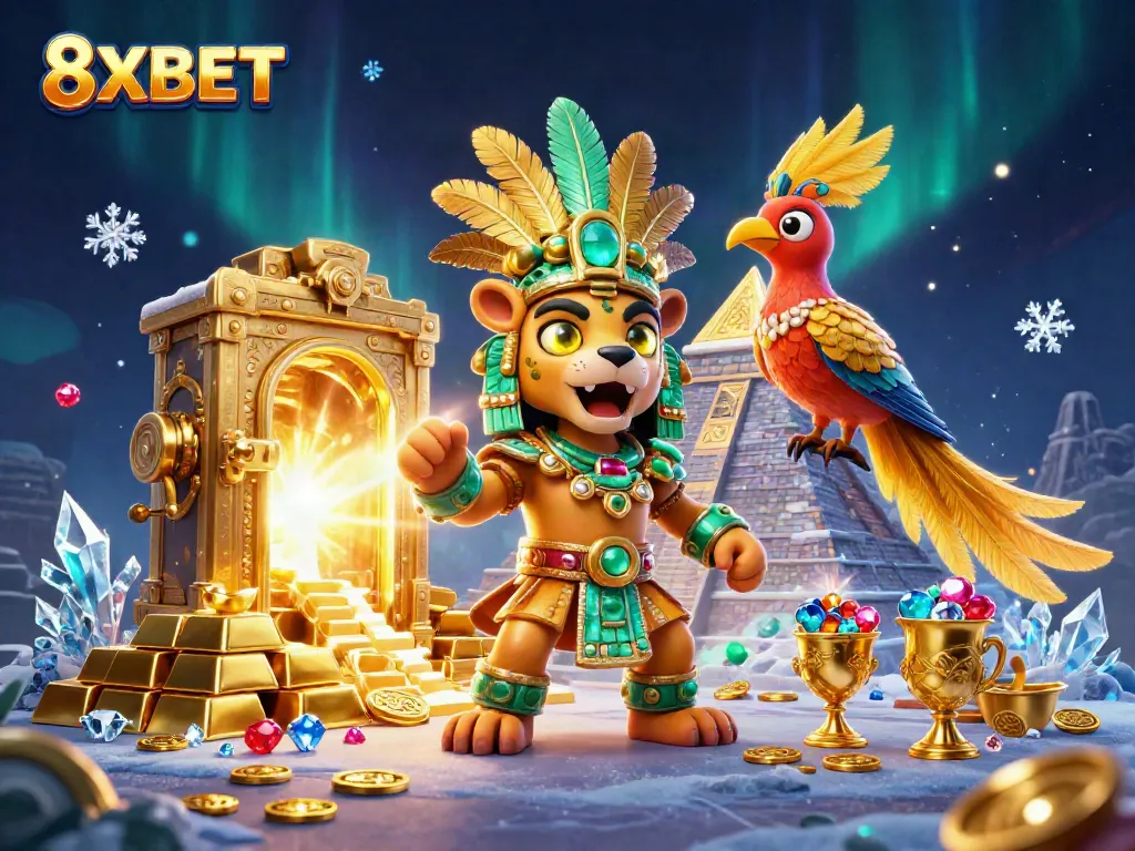 Play and win big at 8XBET, featuring the majestic Mayan jaguar priest and treasure vault.