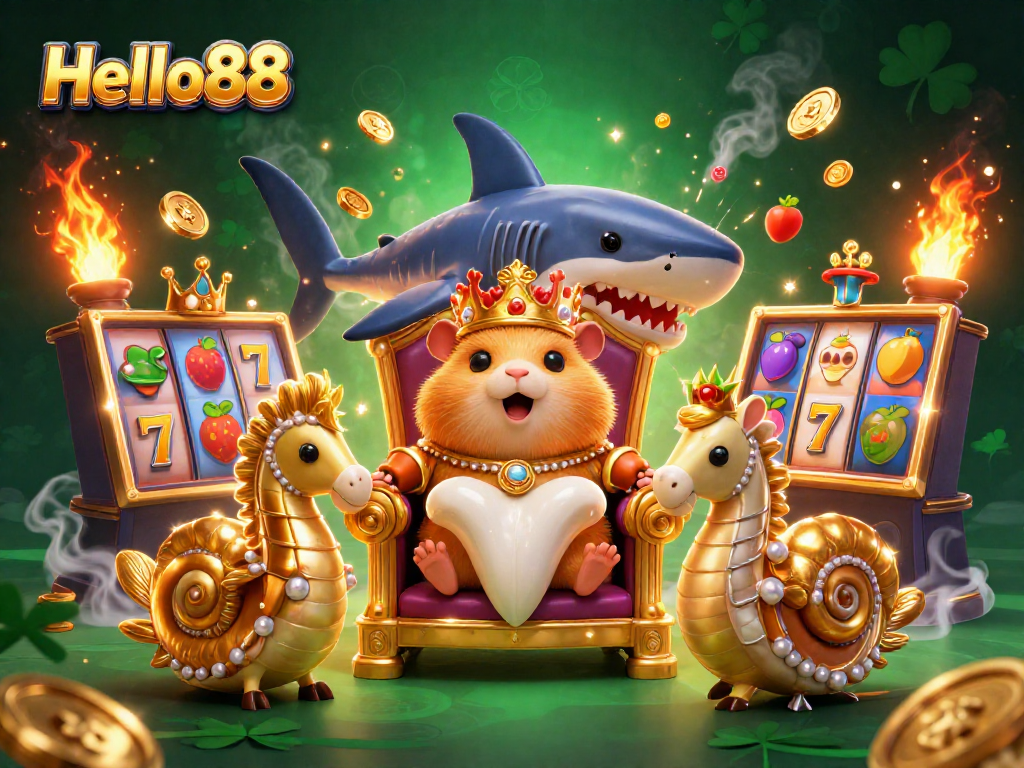 Engage with the vibrant Hello88 casino adventure featuring a golden hamster king amid slot machines and seahorse guards.