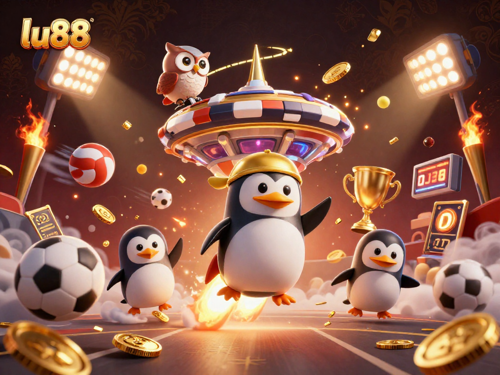 lu88 rocket-powered penguin soaring towards a vibrant space casino, dynamic sports elements and gold coins
