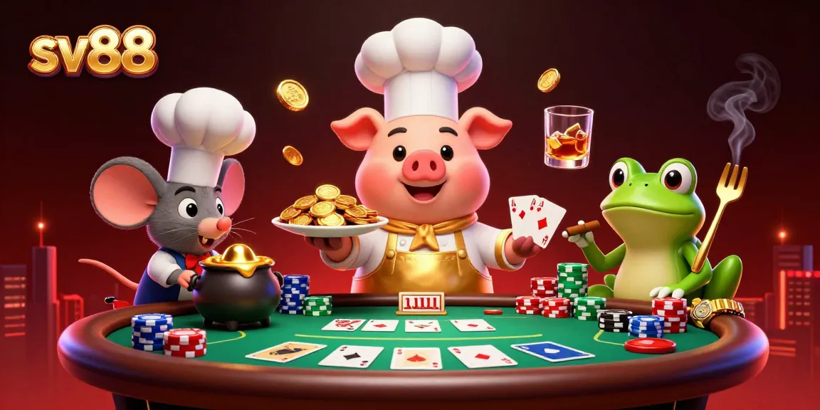 Experience thrilling betting with sv88 as a jovial chef pig serves coins in an engaging poker scene.