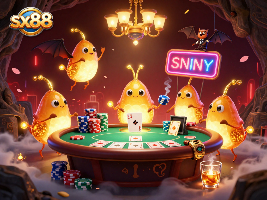 SX88 glows in a vibrant casino atmosphere with glowworms and poker action illuminating the scene.