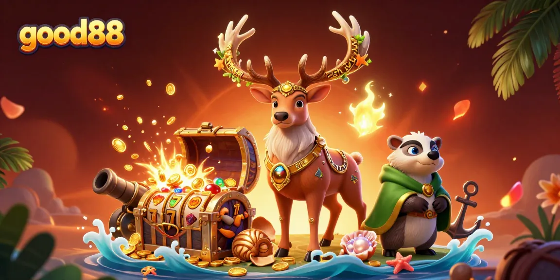 Join the exciting action at good88 with a vibrant 3D casino illustration featuring treasures and gaming elements.