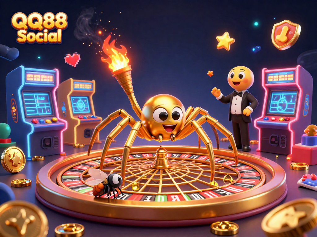 Bet on QQ88 Social while engaging with an exciting roulette web spinning scene featuring a fly and centipede croupier.