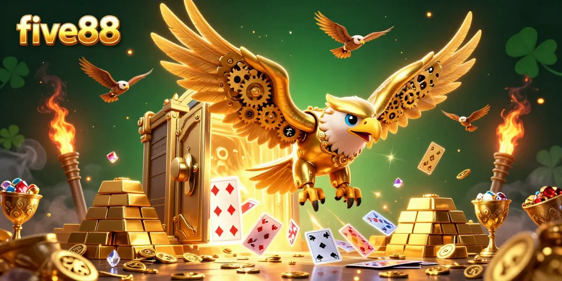 Experience five88's thrilling casino adventure with a golden eagle soaring through cards and riches.
