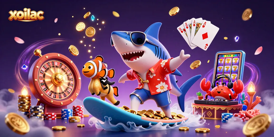 Catch the excitement of xoilac gaming with a hammer-head shark surfing on gold coins alongside vibrant coral characters.