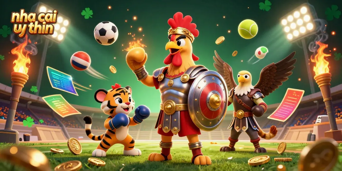 Engaging scene showcasing a 3D cartoon gladiator rooster and sparring cub in a vibrant arena, symbolizing nha cai uy tin.