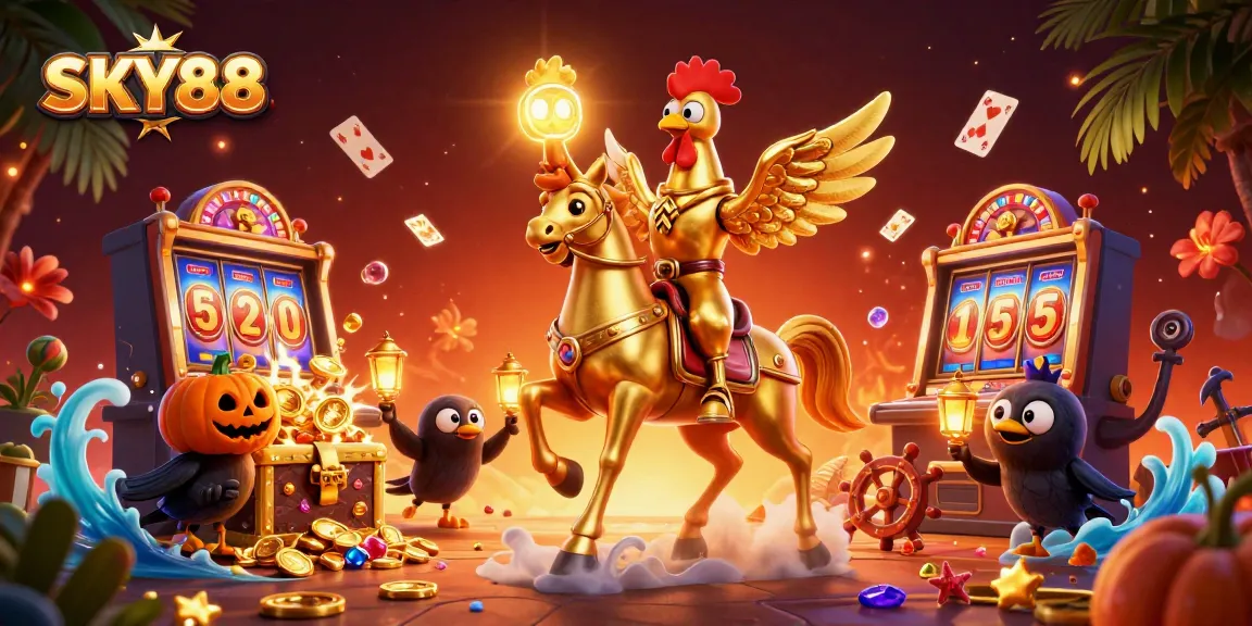 Experience thrilling gameplay at SKY88 with golden rooster, rewards, and vibrant casino elements.