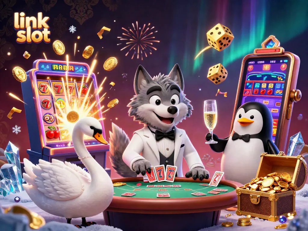 Menangkan jackpot besar dengan link slot di mesin slot 3D mewah dalam suasana kasino.