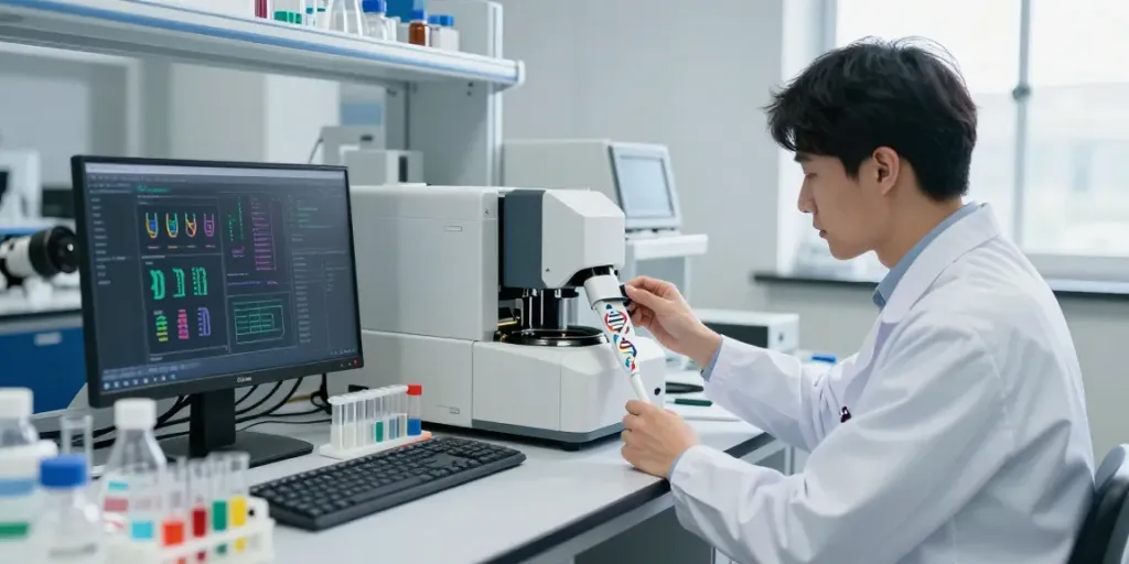 Scientist analyzing data on the h19 gene in a modern laboratory.