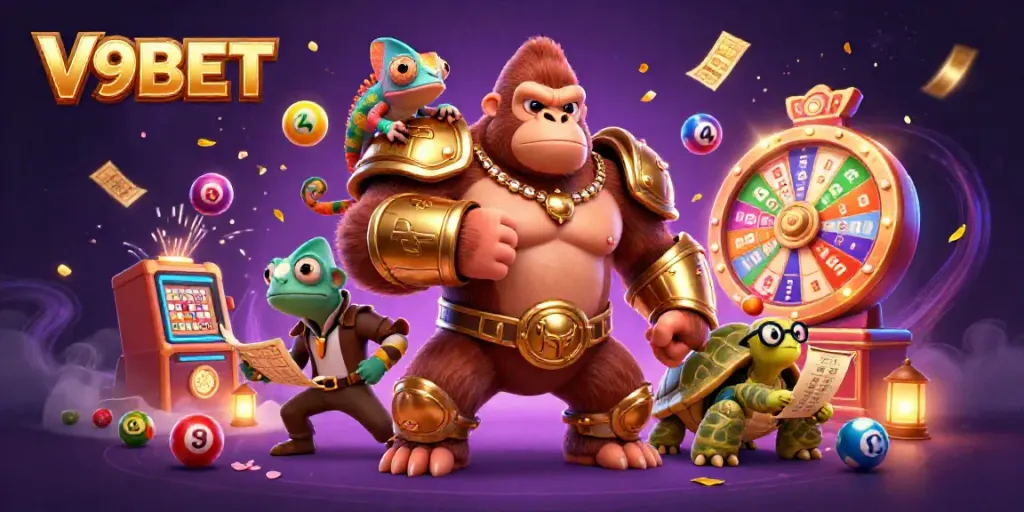 Experience thrilling wins with V9BET in a vivid, action-packed 3D casino scene.