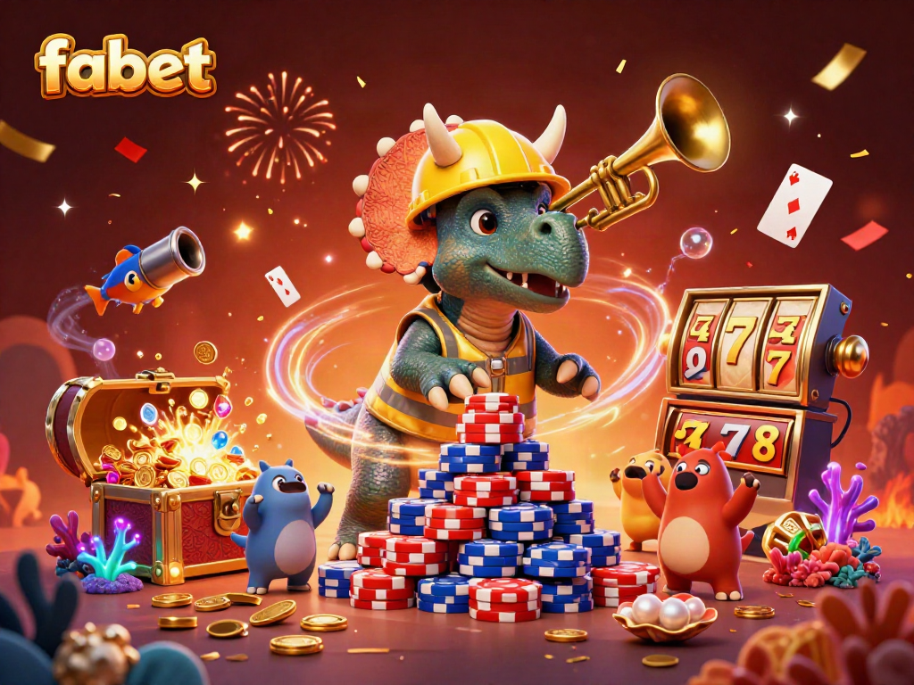 Experience fabet excitement with triceratops and parasaurolophus celebrating in a vibrant casino scene.