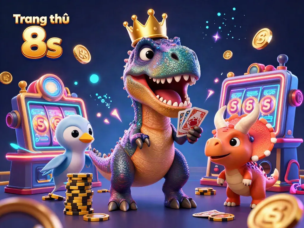 Experience the vibrant and dynamic world of Trang chủ 8s with cartoon dinosaurs engaging in exciting casino action amid colorful gaming elements.