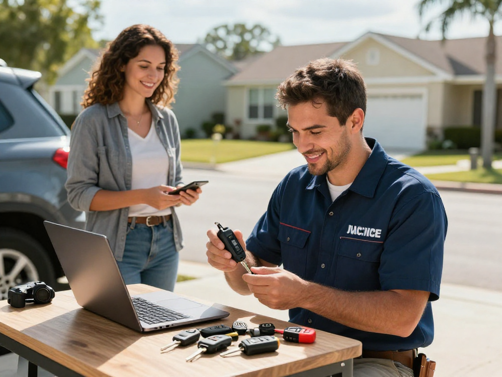 Key fob programming Port St. Lucie with a friendly locksmith assisting a customer in a driveway.