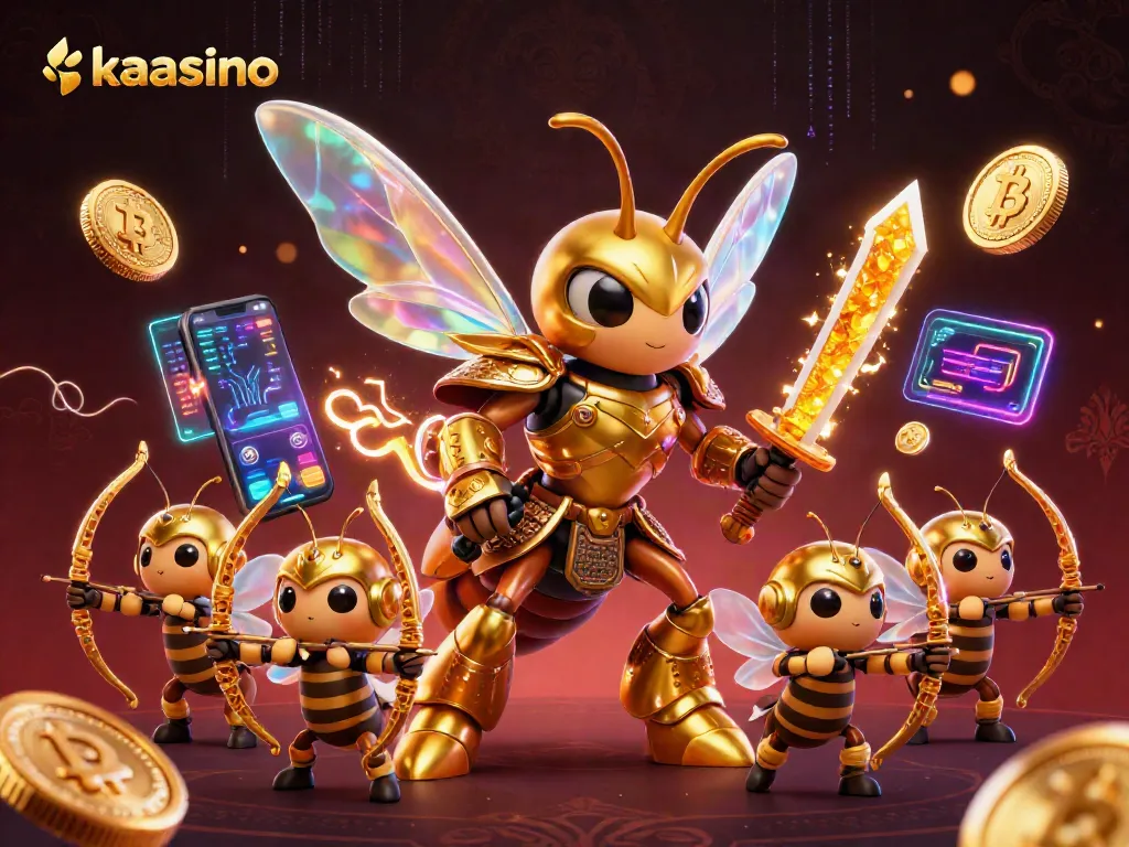 Engage in the captivating world of kaasino with a vibrant illustration featuring golden hornets and crypto elements.