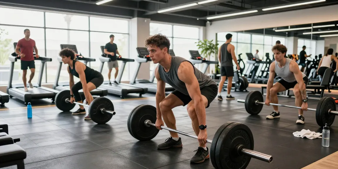 Prime Pharma Steroiden fitness scene with athletes training in a bright gym.