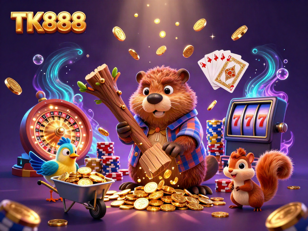 Engage with TK888's cartoon beaver character in a thrilling casino scene filled with coins and gems.