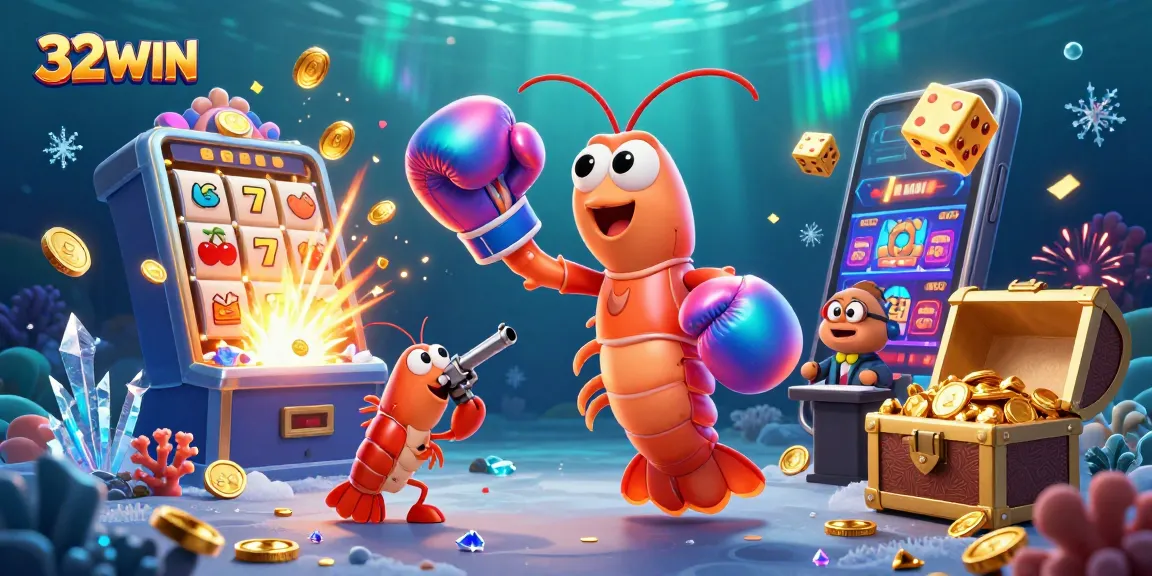 Win big with 32WIN featuring vibrant characters around a lively slot machine explosion.