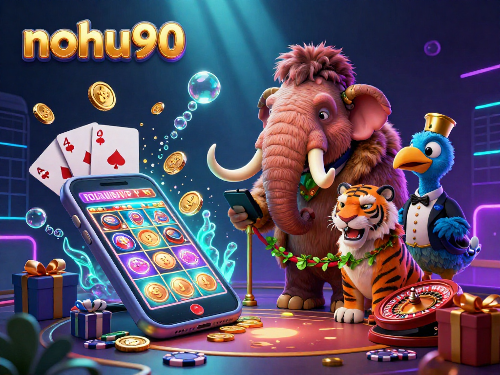Spin and win at nohu90 with a vibrant 3D casino scene featuring dynamic characters and games.