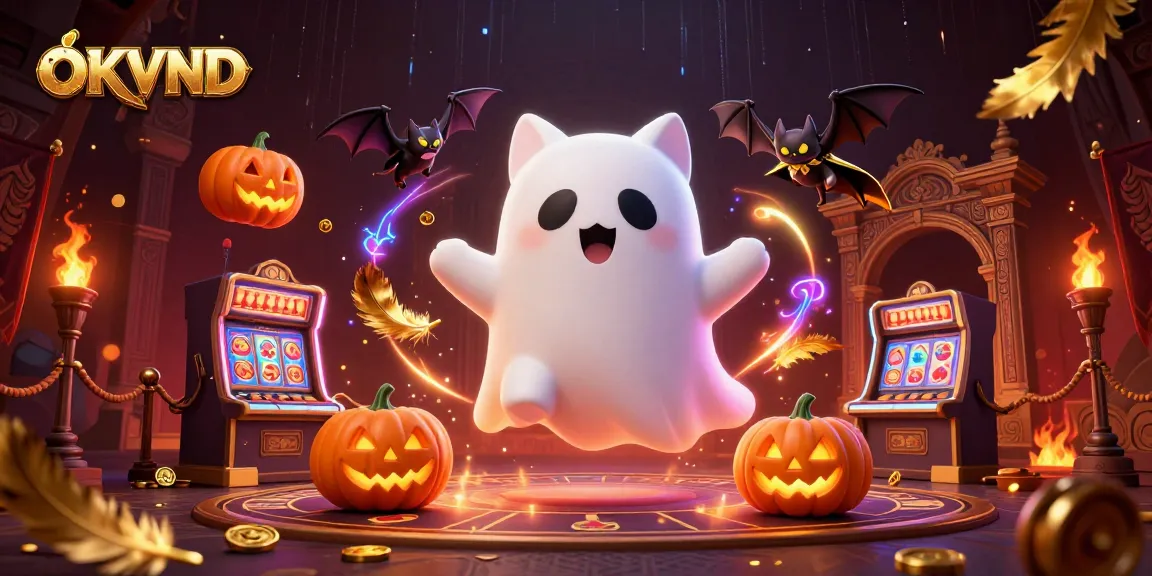 Engage in thrilling games with OKVND, featuring a ghostly casino scene showcasing playful characters and slot elements.