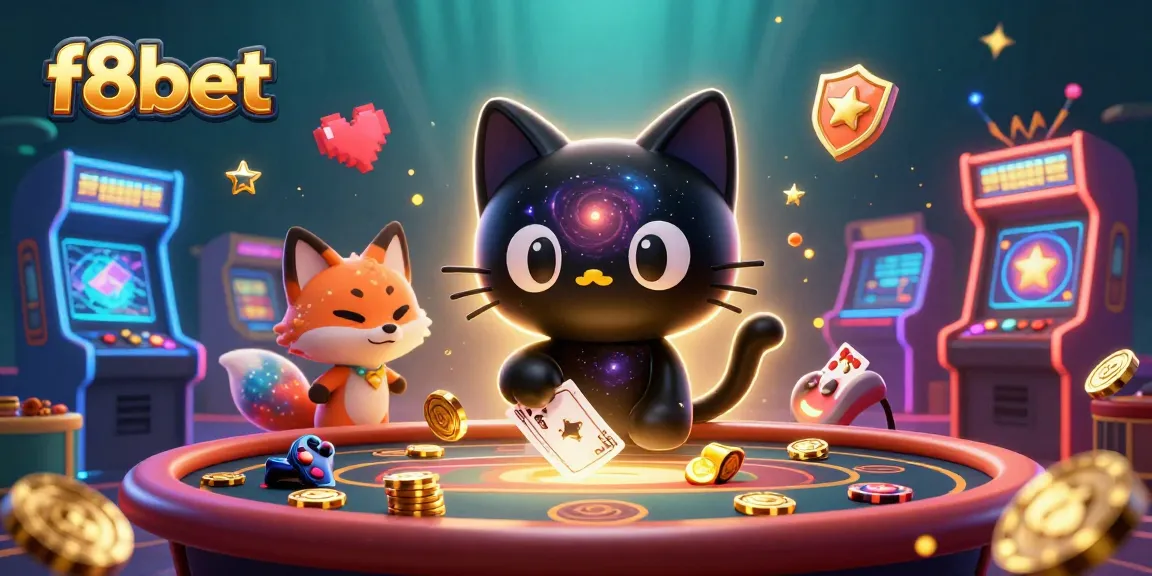Win big at f8bet as the black hole cat draws in golden chips and cards at a cosmic casino.