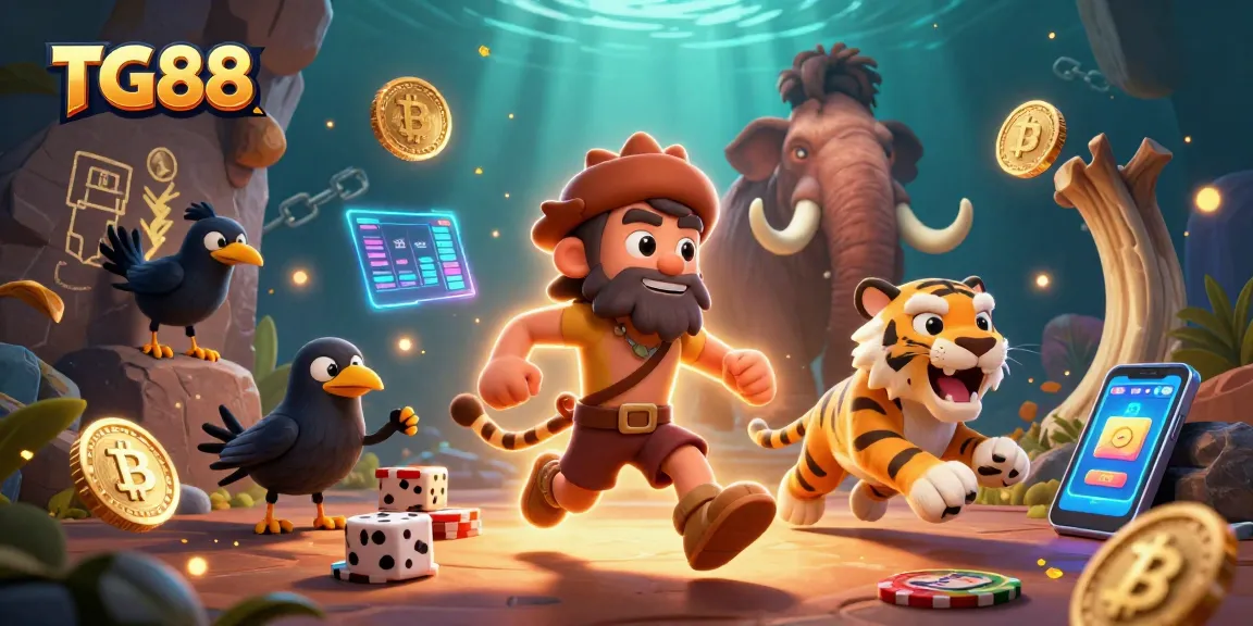 Experience the excitement of TG88 as you engage with 3D characters in a prehistoric casino with digital treasures.
