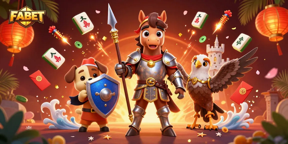 Engage with FABET's vibrant casino scene featuring a knight, puppy, and falcon amidst festive symbols.