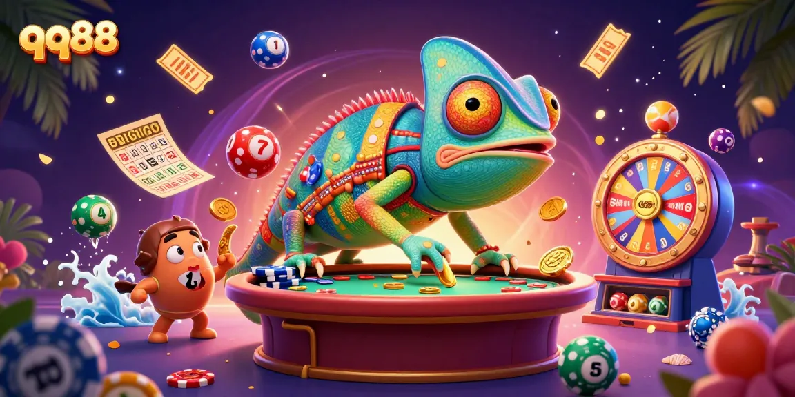 Experience excitement with qq88's vibrant casino scene featuring a chameleon and dynamic game elements.