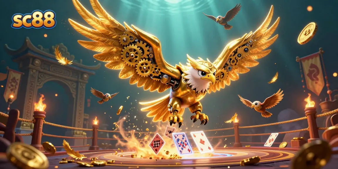 Engaging scene with sc88's golden eagle soaring amid holographic cards, embodying vibrant casino energy.