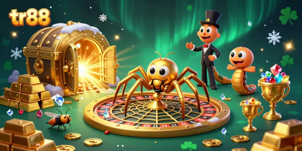 Spin your luck at tr88 with a golden roulette web and sparkling treasures in a vibrant casino!