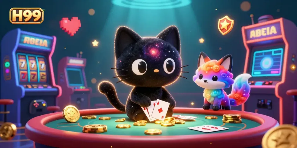 Engage with H99 at a vibrant cosmic casino featuring a black hole cat and nebula fox, amidst golden chips.