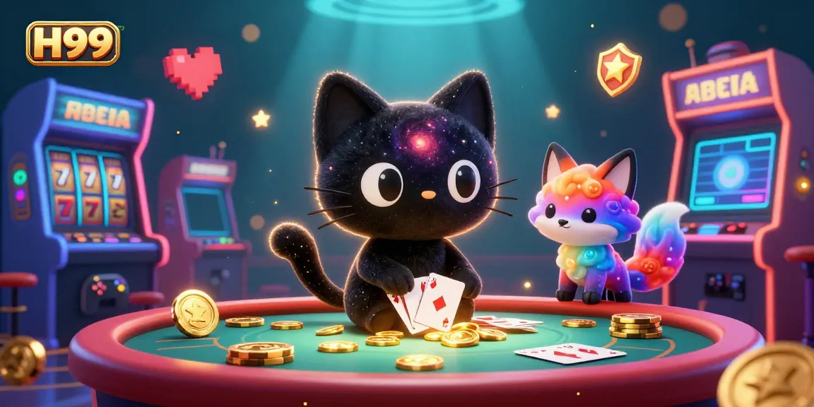 Engage with H99 at a vibrant cosmic casino featuring a black hole cat and nebula fox, amidst golden chips.