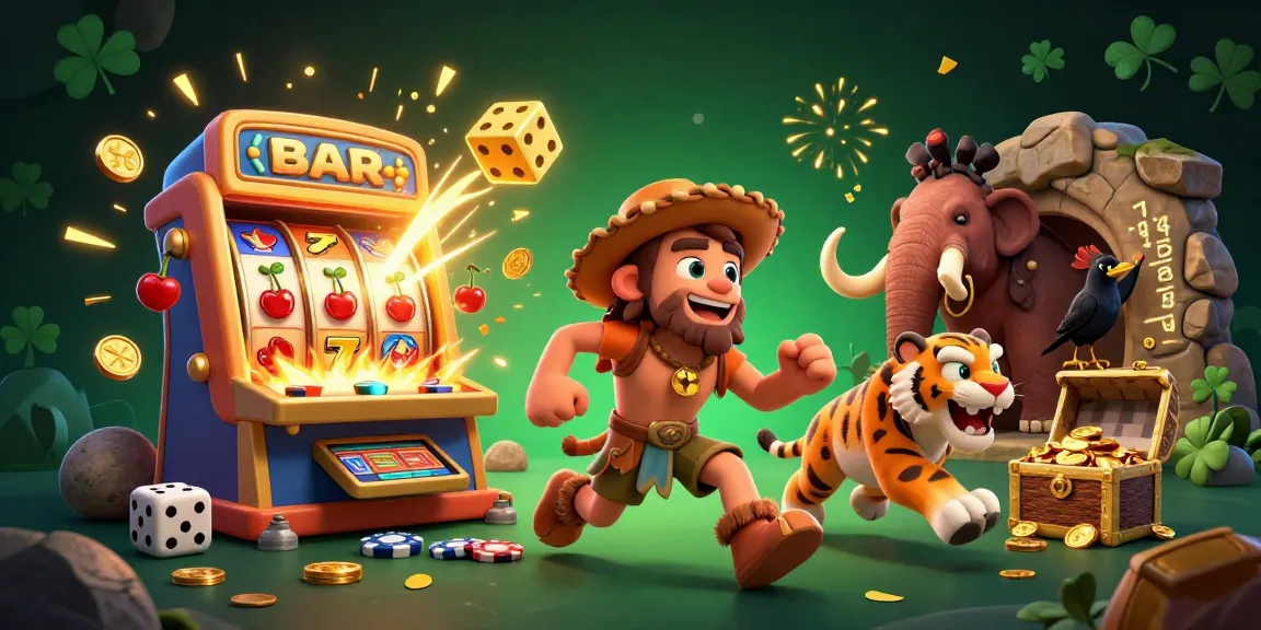 Experience thrilling gameplay in DN88's lively casino environment with sabertooth tiger, caveman, and crow.