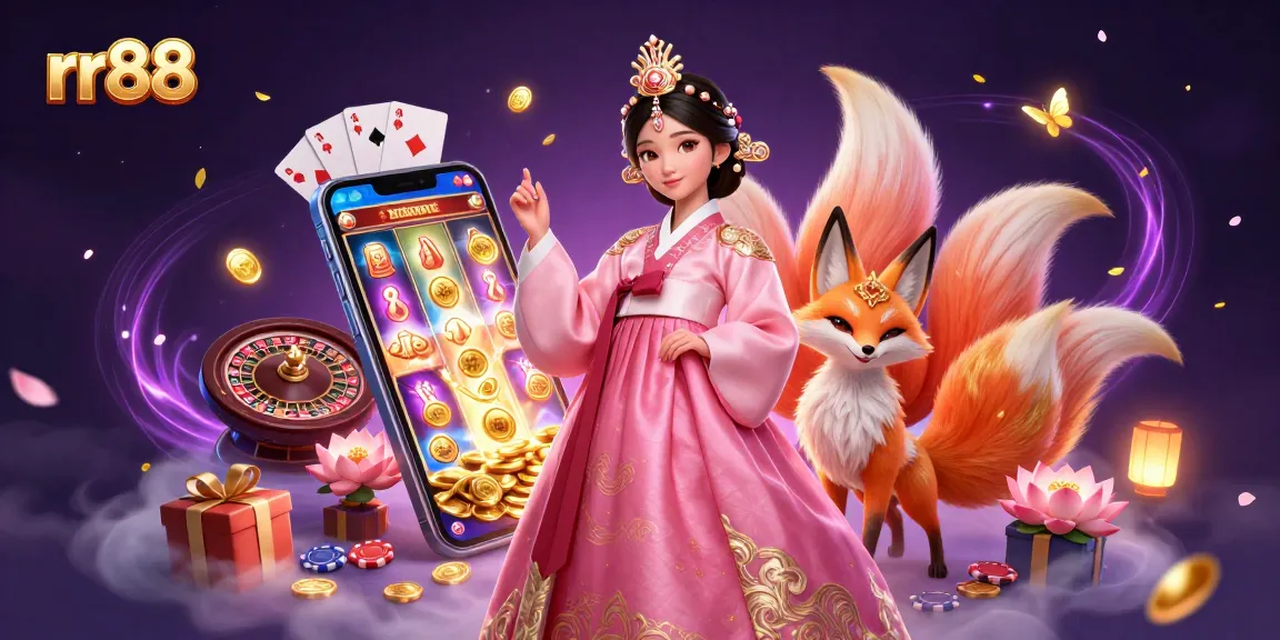Experience the thrill of rr88 with a graceful Asian woman amidst vibrant slot games, lucky charms, and golden elements.