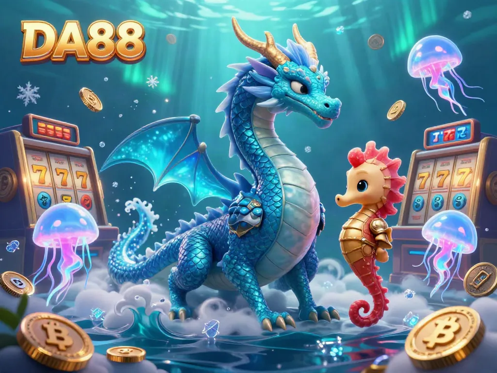 Experience the thrilling DA88 casino adventure with a dragon, seahorse knight, and neon jellyfish!