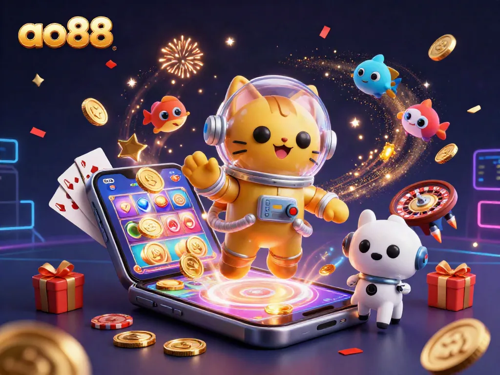 ao88 offers an engaging casino experience with a vibrant 3D illustration featuring exciting game elements.