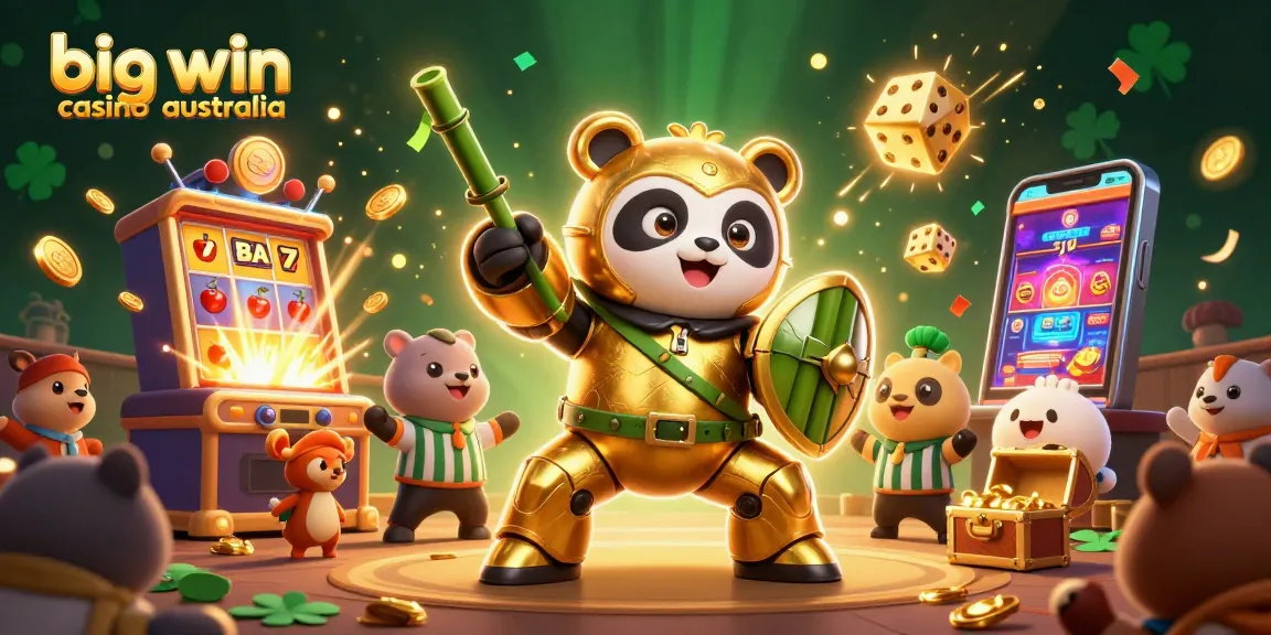 Experience big win casino australia excitement with a golden panda fighting robot amidst vibrant casino elements.