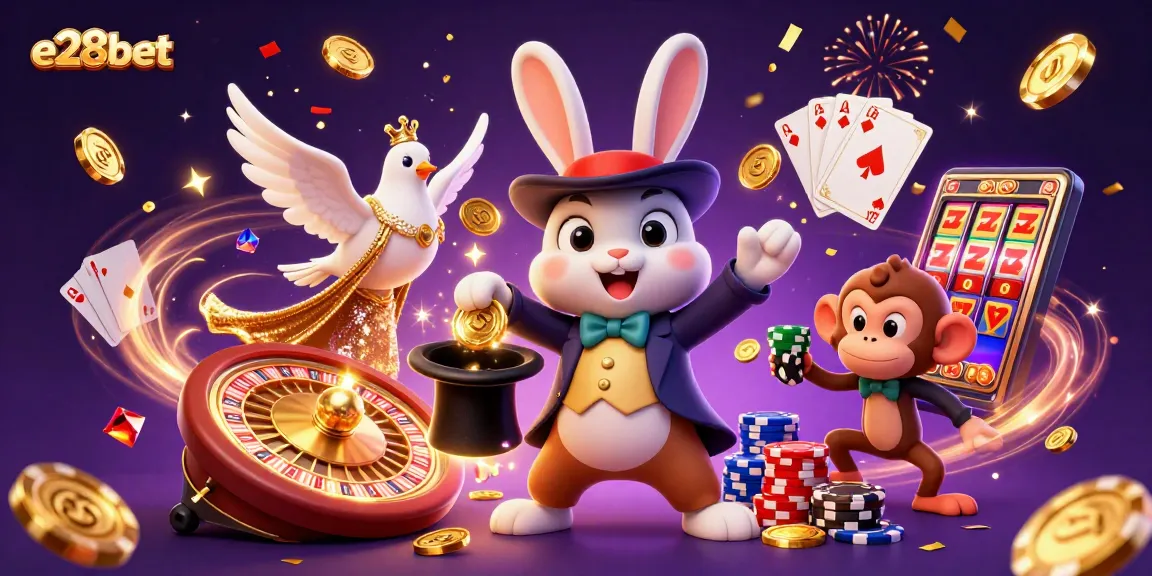 Experience e28bet with a rabbit magician casting golden coins, surrounded by poker chips and festive elements.