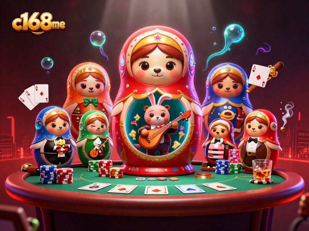 Engage with c168me's vibrant casino scene featuring bear dealers and poker elements.