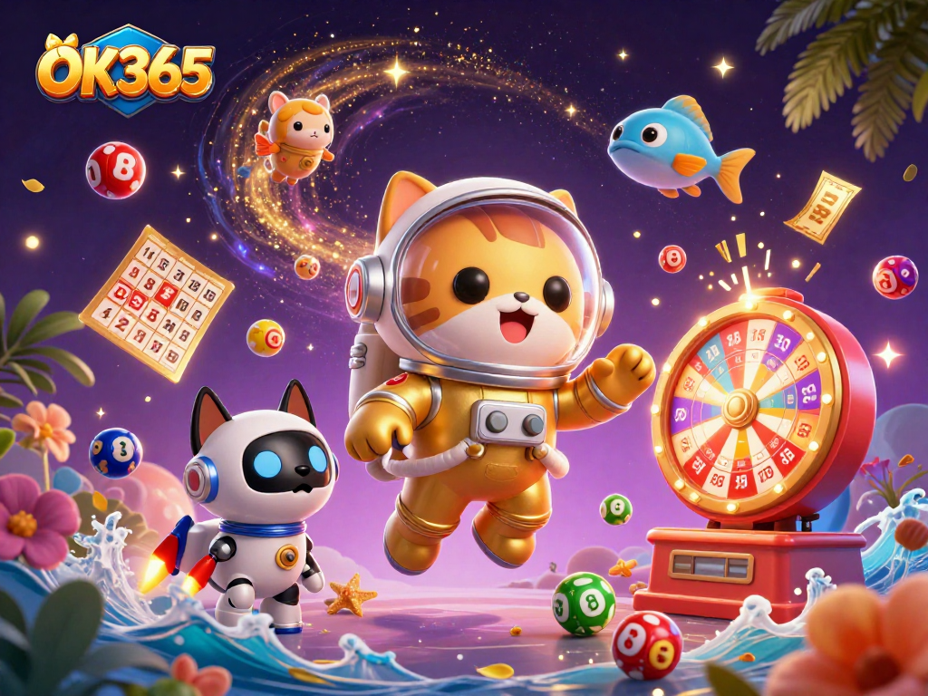 Engaging players at OK365 with immersive gaming experiences, lottery balls bouncing around a cosmic scene.