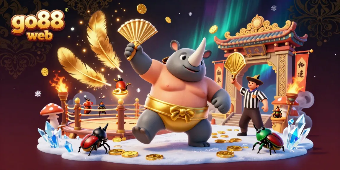Experience dynamic gaming action with go88 web featuring a sumo beetle champion amid flying coins and vibrant spectators.