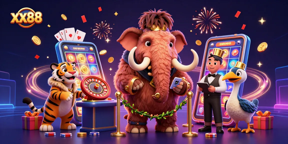 Engage with xx88's vibrant casino theme featuring a cartoon bouncer, VIP guest, and doorman.