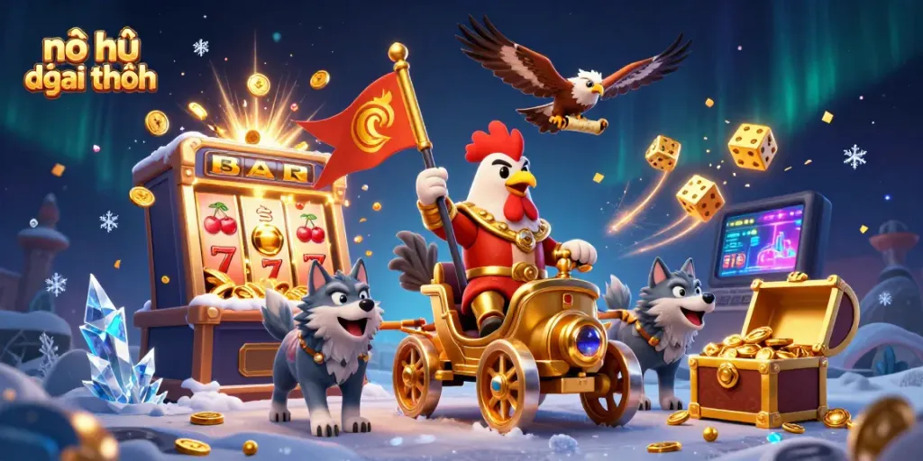 Experience stunning nổ hũ đổi thưởng excitement with a dynamic scene featuring colorful slot symbols, a golden chariot, and jackpot explosion.
