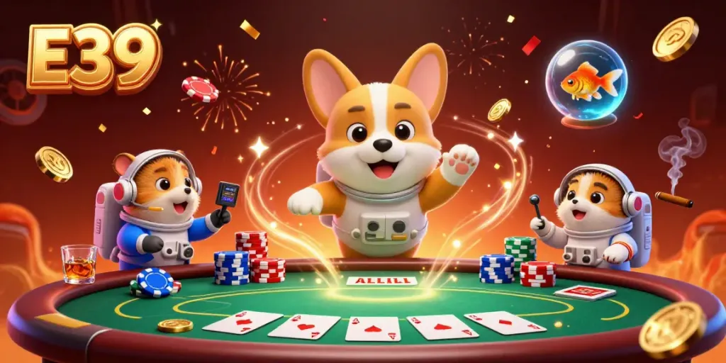 E39 players enjoying a vibrant space casino with floating chips and excitement.